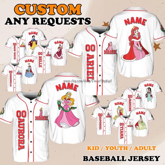 Discover Christmas Rapunzel Cinde Baseball Jersey, Princess Holiday Outfit, Family Matching Christmas Gift Snow White Belle Jersey Shirt