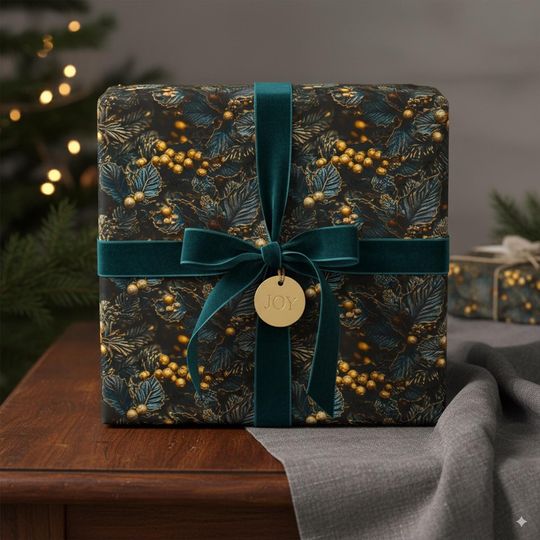 Elegant Holiday Wrapping Paper Christmas Gift Wrap Black Gold Berry Leaf Pattern Elegant Paper Decorative Gift Wrap Holiday Cheer Paper Luxe