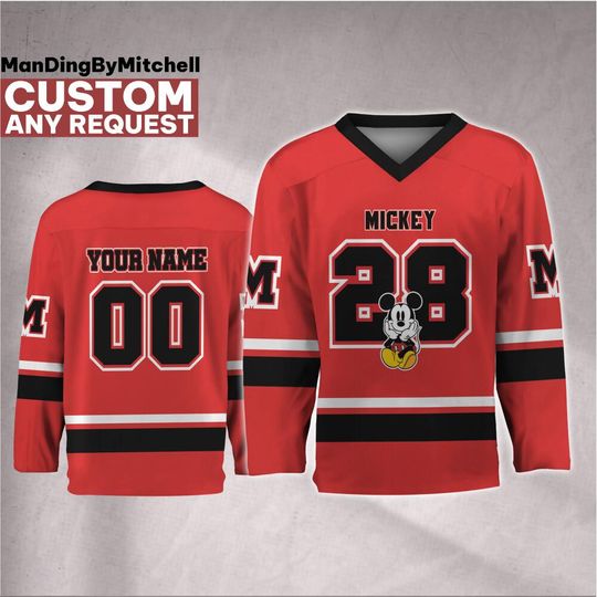 Discover Personalize Disney Vintage Mickey Mouse Red Hockey Jersey, Custom Disney Hockey Jersey