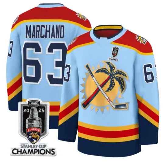 Discover Custom Men's #63 Marchand Blue 2025 Stanley Cup Champions Stitched Jersey S-6XL