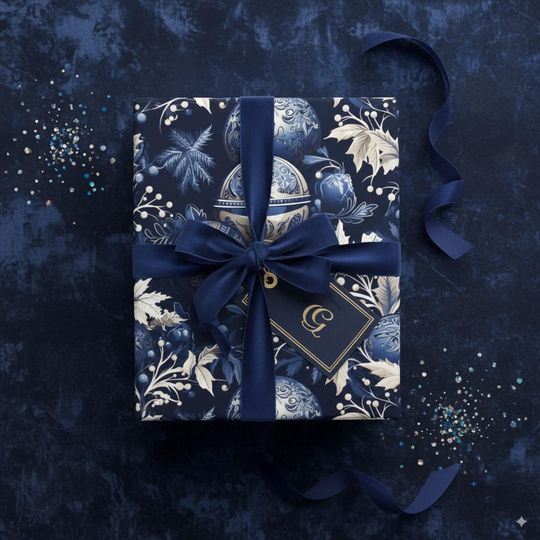 Discover Elegant Blue Floral Wrapping Paper | Christmas Ornament Gift Wrap