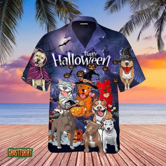 Discover Funny Pitbull Dog Halloween Aloha Hawaiian Shirt