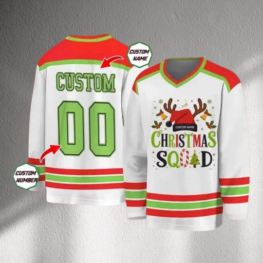 Discover Custom Christmas Squad Hockey Jersey, Personalized Name & Number Holiday Shirt