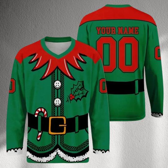 Discover Personalized Elf Christmas Hockey Jersey, Custom Name Long Sleeve Shirt