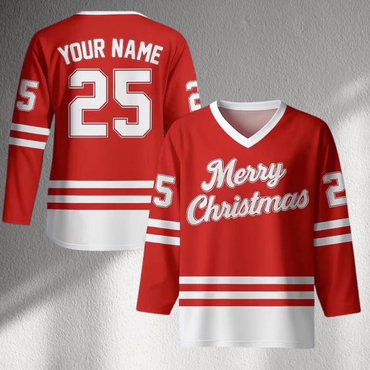 Discover Custom Name Merry Christmas Hockey Jersey, Red 25 Number Long Sleeve Holiday Shirt