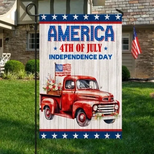 Red Truck America Independence Day Garden Flag