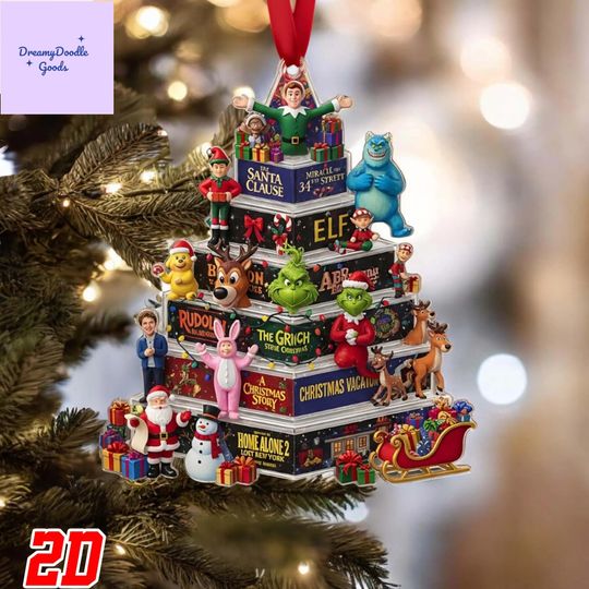 Discover Christmas Movie Book Stack Ornament, Holiday Classics DVD Tower Decor, Personalized Film Collection Keepsake, Funny Xmas Character Gift