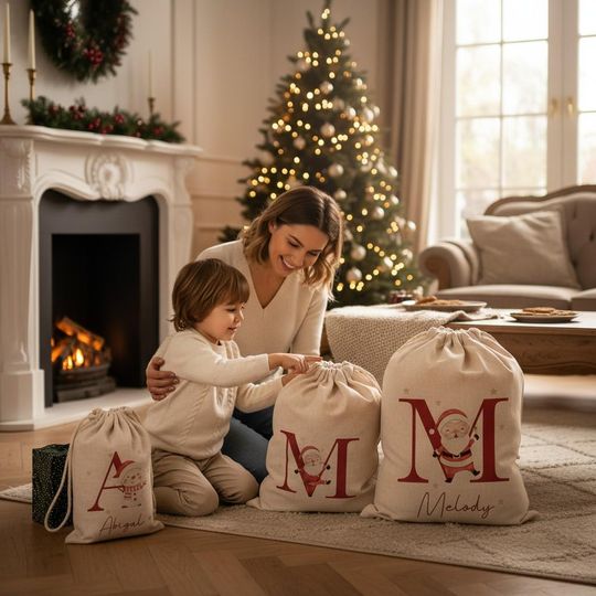 Discover Personalized Large Santa Sack with Name - Christmas Family Stocking Sack, Holiday Gift Bag for Kids