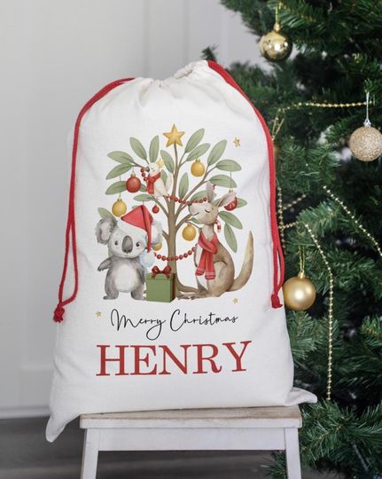Discover Personalised Santa sack, Santa Sack, Christmas Keepsake, Aussie Animals, Christmas bag, Drawstring Bag, Traditional Sack, Christmas Gift