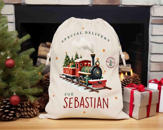 Discover Personalized Santa Sack with Name  Christmas Gift Bag for Kids  Special Delivery Train Design  Reusable Holiday Bag