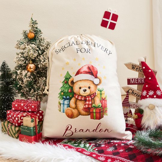 Discover Personalized Baby First Christmas Gift Bag, Santa Sack with Bear Pattern, Baby Xmas Gift