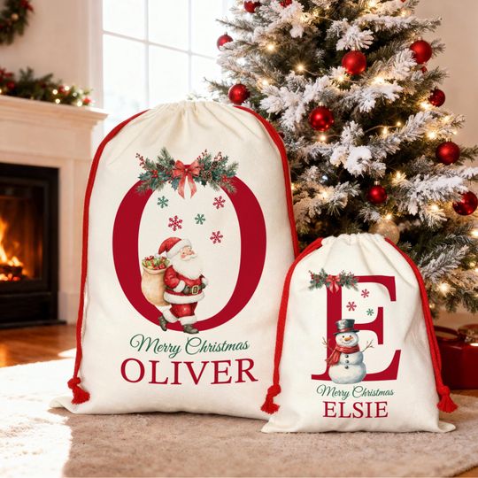 Discover Premium Custom Santa Sack | Thick Canvas Personalised Christmas Present Gift Bag for Him Her Kids Adults | Add Name Initial Xmas Stocking