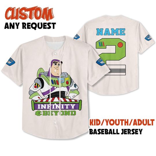 Discover Personalized Toy Story Infinity Birthday Baseball Jersey- Custom Name Buzz Lightyear Party Tee.