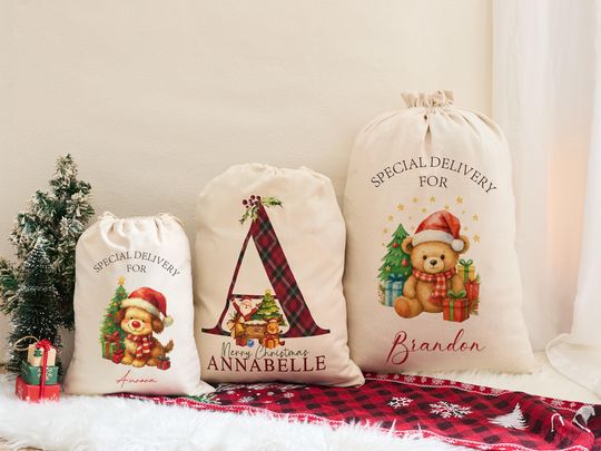 Discover Personalized Santa Sack with Name Initial | Kids Christmas Present Sack | Special Delivery Christmas Eve Box | Custom Xmas Toy Bag