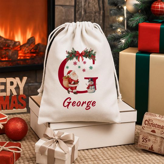 Discover Personalized Christmas Toy Sack with Name Initial Gift Bags Holiday Favor Canvas Bags