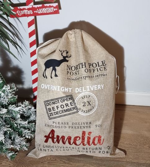 Discover XL Personalised Christmas Santa Sack, Custom Hessian North Pole Post Office Christmas Gift Sack