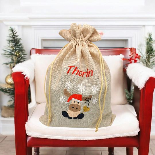 Discover Organic JUTE Santa Sack Santa Sack Christmas Gift Personalized with Name Rudolf the Reindeer