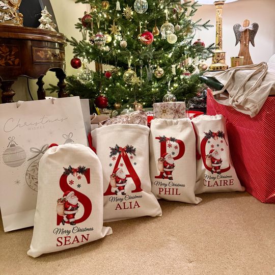 Discover Premium Thick Santa Sack | Custom Canvas Personalised Christmas Present Gift Bag for Him Her Kids Adults | Add Name Initial Xmas Stocking