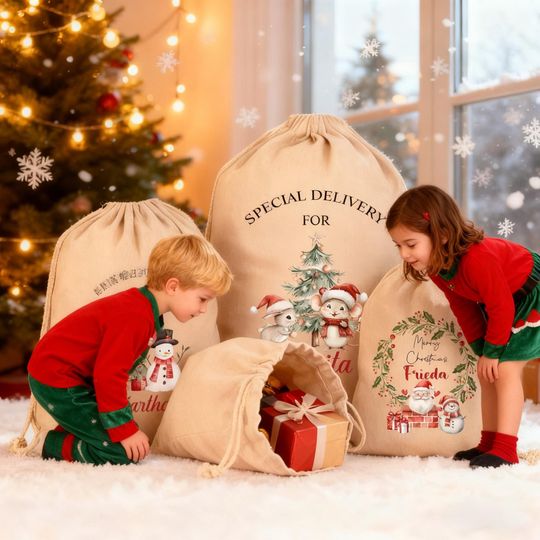Discover Family Christmas Gift Sack, Christmas Drawstring Gift Bag, Monogram Santa Sacks, Christmas Eve Gifts Bags, Xmas Present Sack for Children