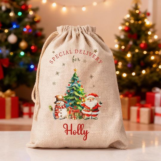 Discover Personalised Santa sack for kids and children, Christmas present bag with wooden gift tag, Christmas tree gift bag add name, Xmas stocking