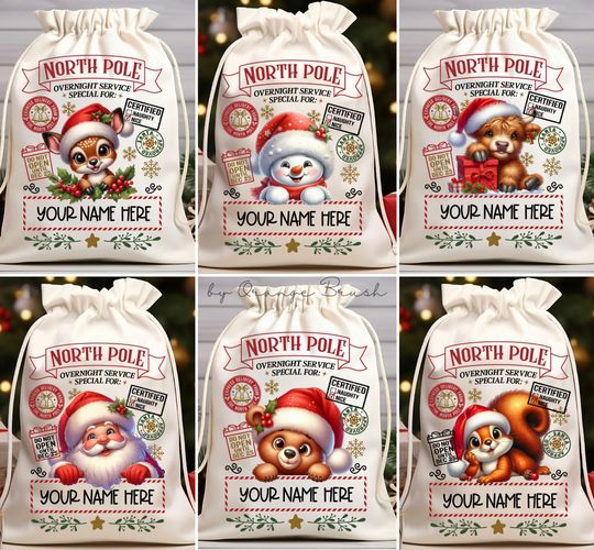 Discover Santa Sack Sublimation Bundle, Cute Animals Santa Gift Bag Designs, North Pole Delivery, Kids Christmas Bag PNG Bundle - Instant Download