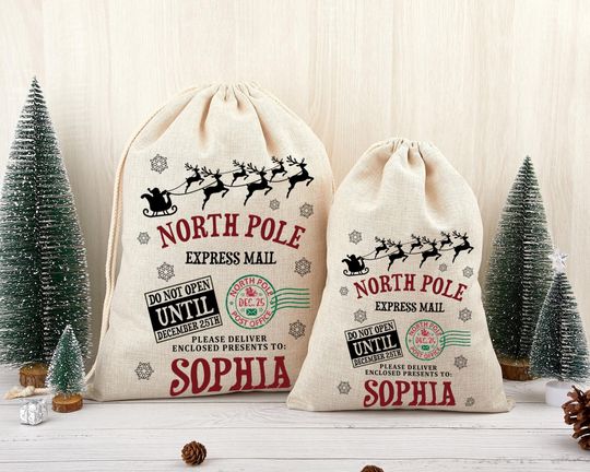 Discover Personalized North Pole Santa Sack, Linen Christmas Gift Bag