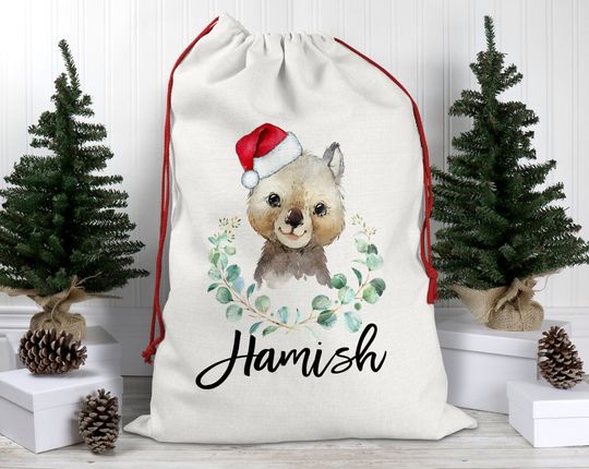Wombat Christmas sack, Personalised Santa sack, Christmas Keepsake, Aussie Animals, Christmas bag, Drawstring Bag, Linen Xmas Bag