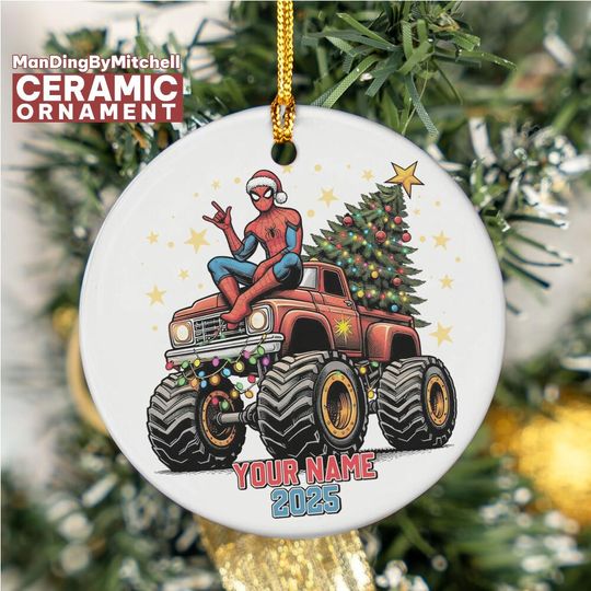Discover Personalized Marvel Christmas Spider-man Monster Truck Ceramic Ornament