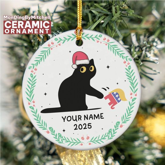 Personalized Christmas Black Cat Anti Maga Ceramic Ornament