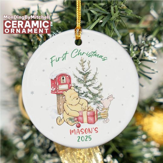 Personalize Baby's First Christmas Ceramic Ornament, Classic Winnie The Pooh Ornament, Pooh Baby Ceramic Ornament Keepsake with Gift Box