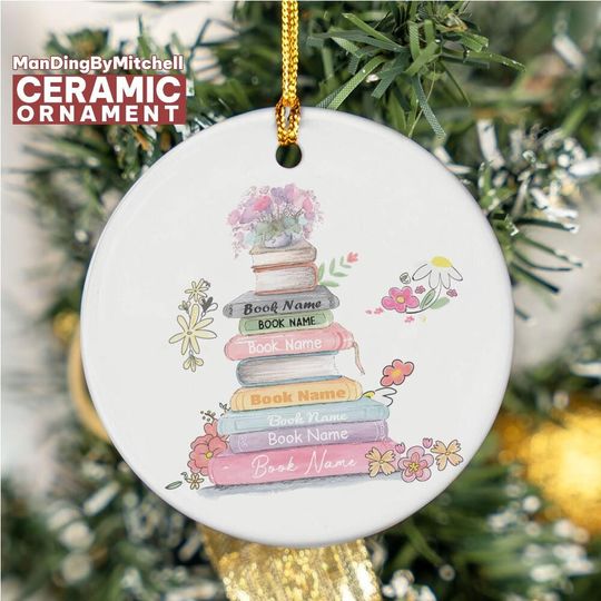 Personalize Book And Flower Lover Ceramic Ornament, Custom Reading Gift For Book Lover