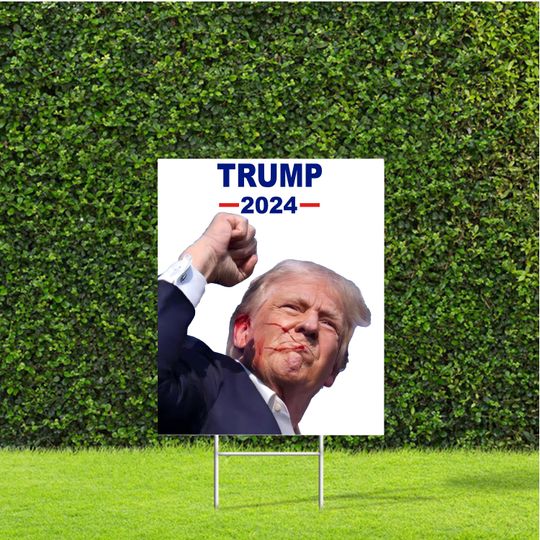 Discover Trump 2024 Fist Up Yard Sign with Metal H Stake Red, White & Blue