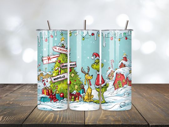 Discover Retro Grinc| Cute Green Guy Christmas Tumbler Wrap, Funny Holiday Thief 20oz Skinny Design | Christmas Character Tumbler