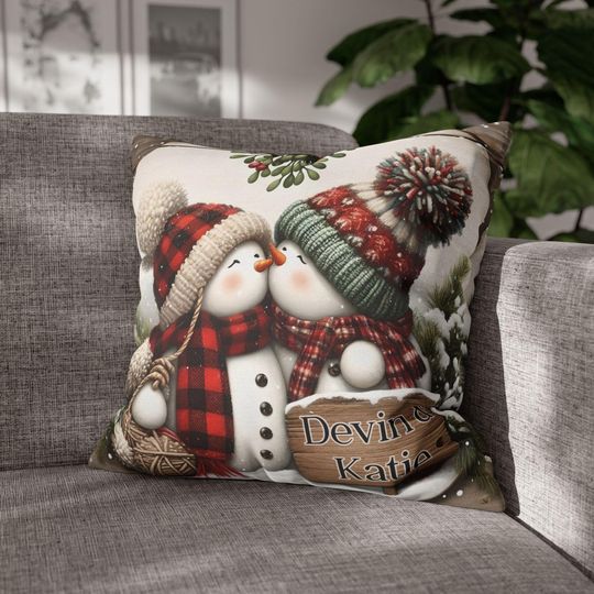 Personalized Kissing Snowman Couple Double Sided Pillow or Pillow Cover - Christmas Decor- Engagement Gift - Newlywed Gift