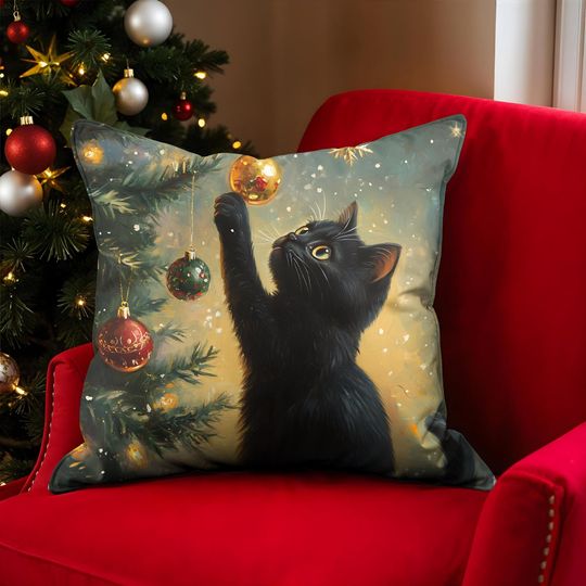 Discover Black Cat Christmas Tree Pillow Festive Kitten Holiday Decor