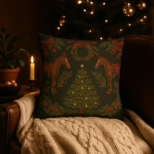 Discover Ralph Lauren Inspired Rustic Horse and Wreath Christmas Tree Equestrian Pillowcase
