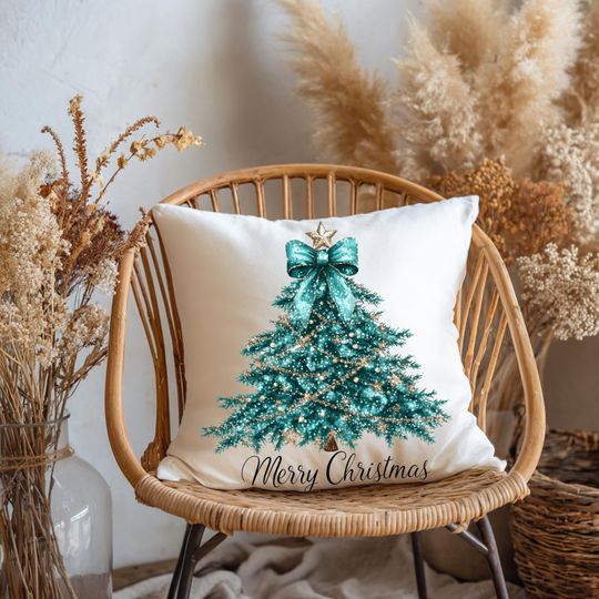 Discover Teal Glitter Christmas Tree Pillow | Square Throw Pillow