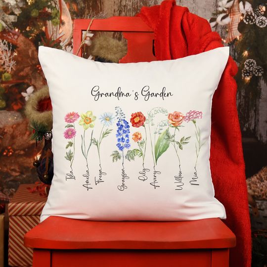 Discover Grandma's garden cushion with grandchildren's names birth flowers Personalised Mother's Day Christmas gift for nanny Xmas Birthday pillow