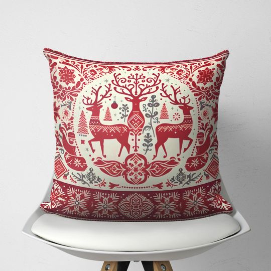 Discover Traditional Scandinavian Christmas Reindeer Pillow Cover, Nordic Yuletide Throw Cushion, Swedish Decor, Norwegian Christmas, Yule Pillow
