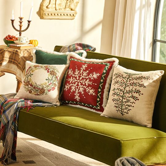 Discover Chenille Christmas Throw Pillow Cover, Custom Size Snowflake Tree Wreath Pattern, Festive Holiday Decor