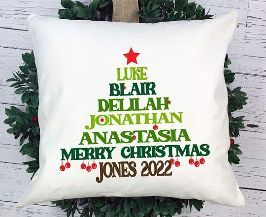 Discover Personalized Christmas Tree Pillow Cover: Custom Family Name Throw Pillow