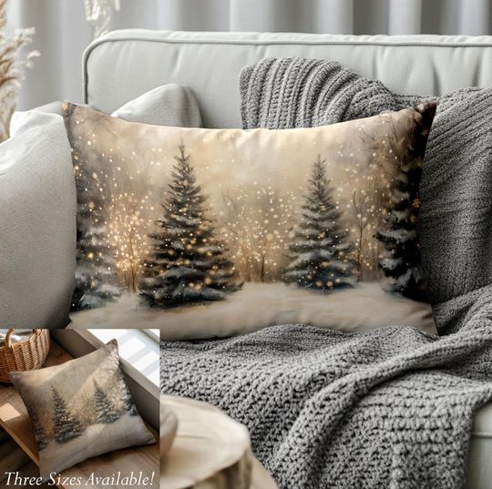Discover Christmas Throw Pillow - Winter Snowy Forest, Tree Lights, Magical Season Cushion, Holiday Gift Decor, Soft Polyester "Linen Feel"
