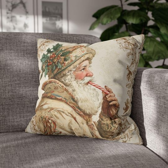Discover Vintage Santa Pillow Cover: Victorian Christmas Portrait Cushion Cover with Holly & Candy Cane