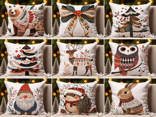 Discover Scandinavian Christmas Throw Pillow Cover, Folk Art Animal Lumbar Cushion Cover, Pine Tree Cushion Case, Nordic Holiday Winter Pillow Case