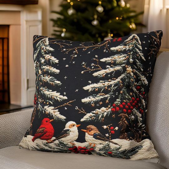 Discover Christmas Birds Pillow Cover: Winter Forest Throw Pillow - 14-20" Square