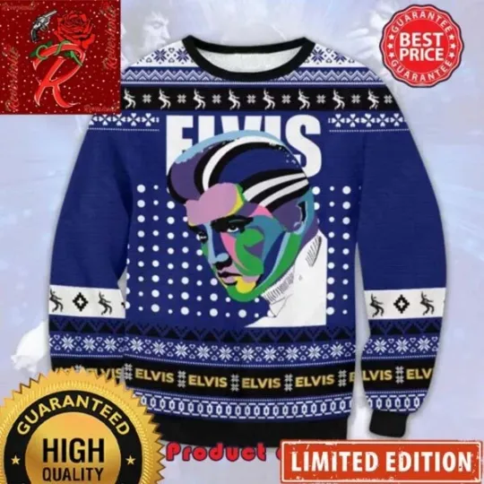 Discover Elvis Presley Artwork Reindeer Snowflake Blue Ugly Christmas Sweater