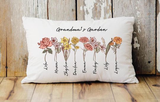 Discover Grandmas Garden Birth Flower Pillow, Custom Floral Pillow, Made in USA, Birth Flower Design with Grandchildrens Names, Mothers Day Gift