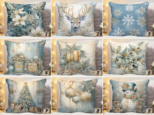 Discover Blue & Gold Holiday Pillow Cover, Floral Festive Pillowcase, Deer with Antlers Cushion Cover, Xmas Tree Pillow Slip, Blue Christmas Decor