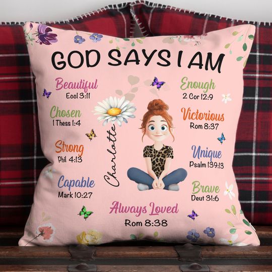 Discover God Say I Am Personalized Pillow, Custom Birth Flower Pillow, Positive Affirmation Pillow, Christian Pillow, Birthday Christmas Gift For Her