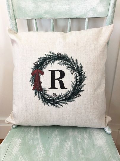 Monogram Christmas Pillow Cover: Linen Farmhouse Wreath Decor